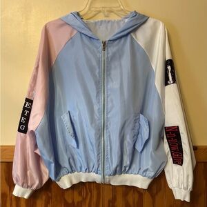 Colorblock Blue and Pink Bomber Jacket with Sporty Accents